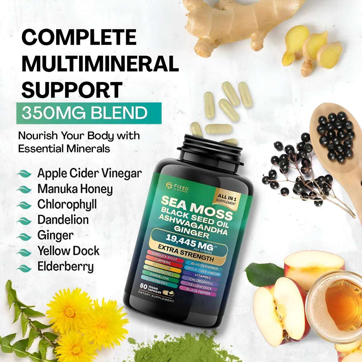 Sea Moss Black Seed Oil Ashwagandha Ginger 180 capsules
