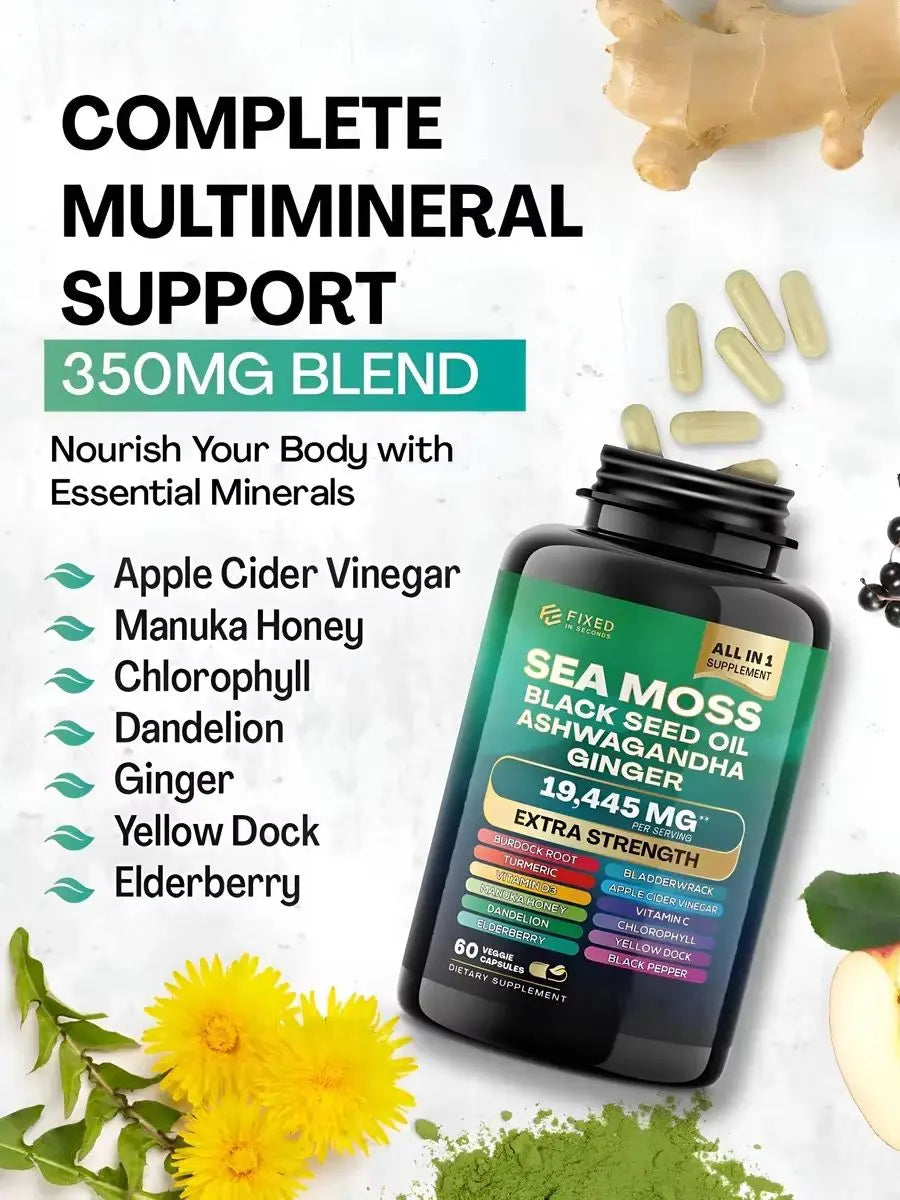 Sea Moss Black Seed Oil Ashwagandha Ginger 180 capsules