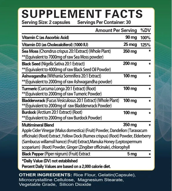 Sea Moss Black Seed Oil Ashwagandha Ginger 180 capsules