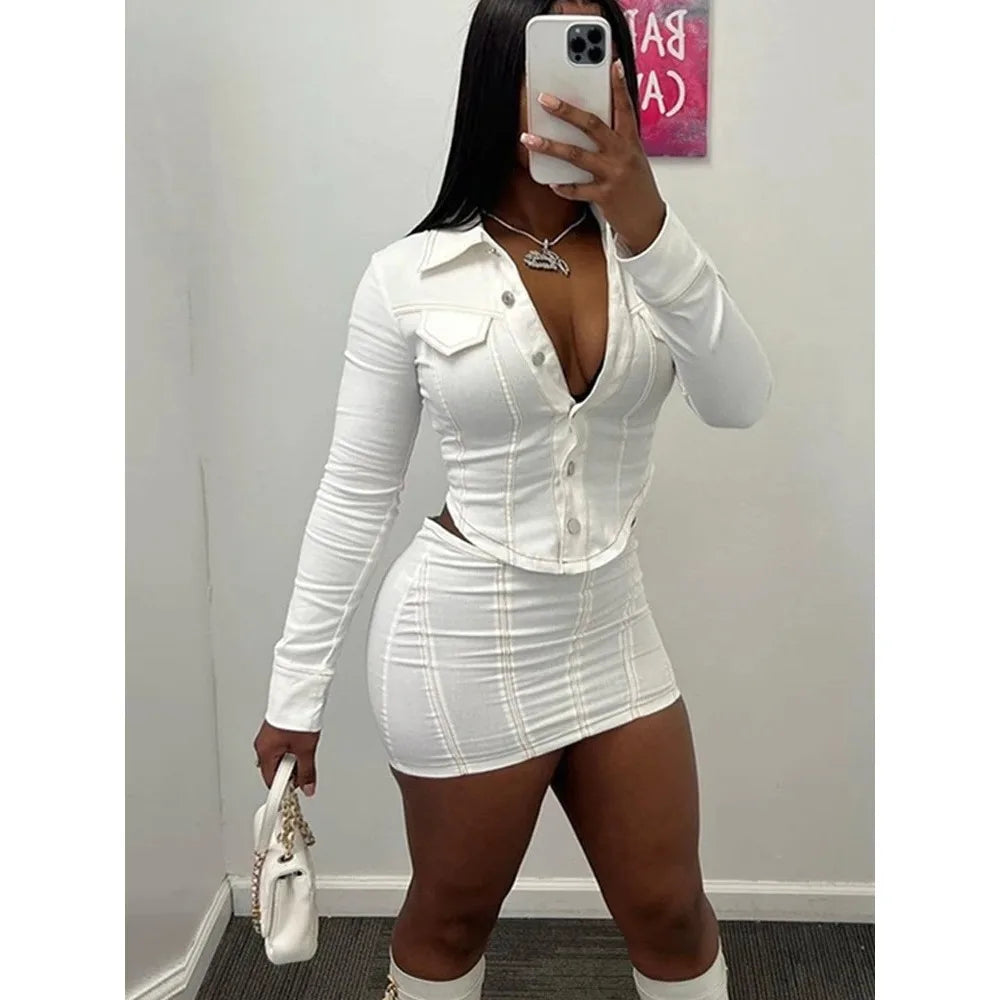 Stripe Button To & Mini Skirt  Set