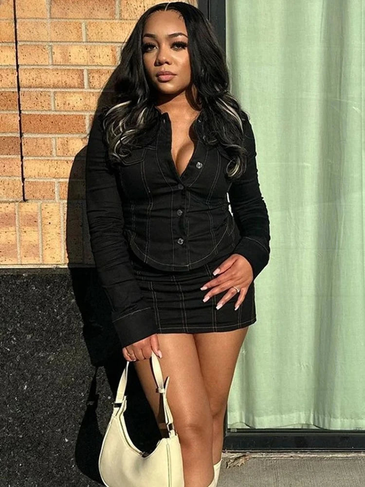 Stripe Button To & Mini Skirt  Set