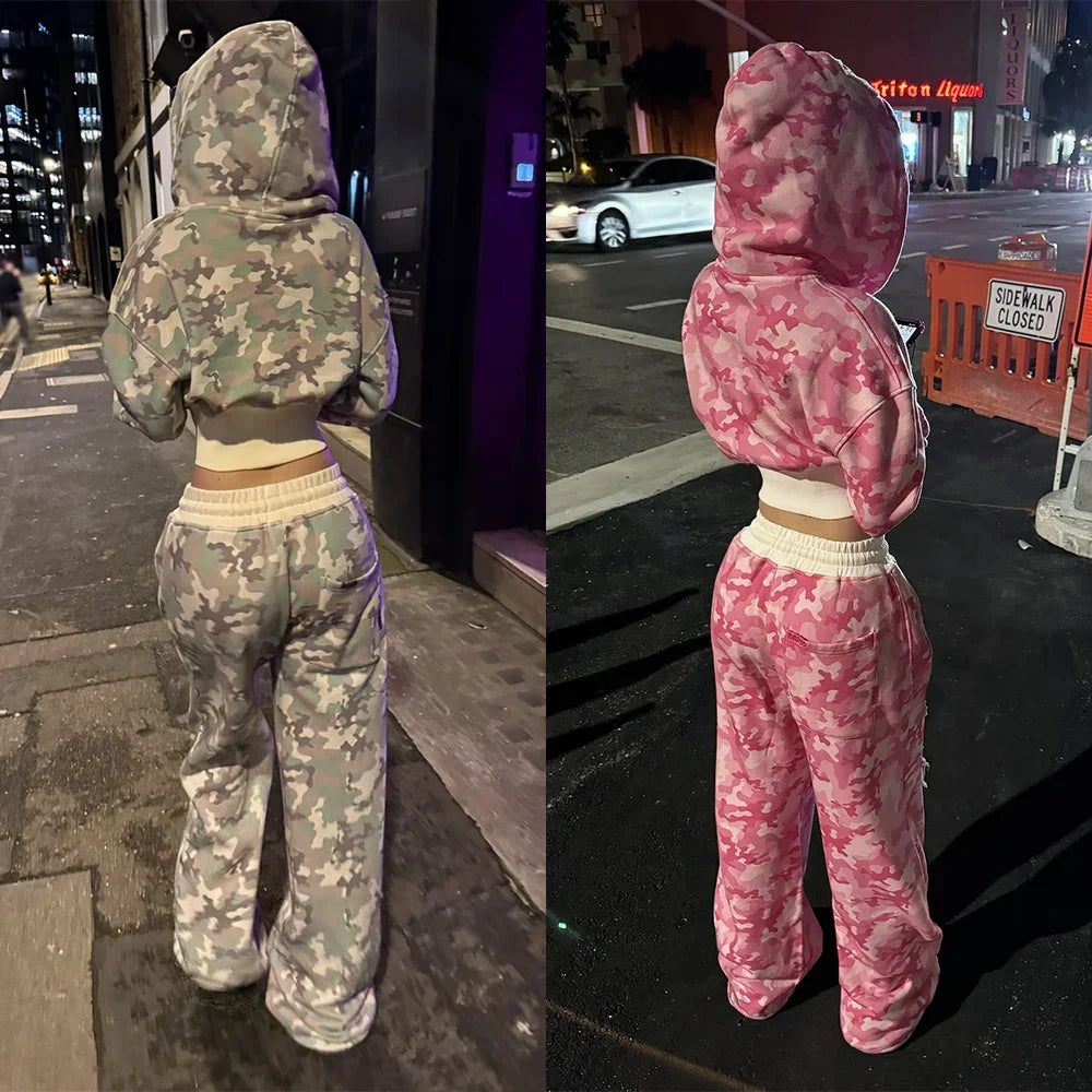 Camouflage Tie Dye Hooded Sweatpants Two Piece Set - Women S