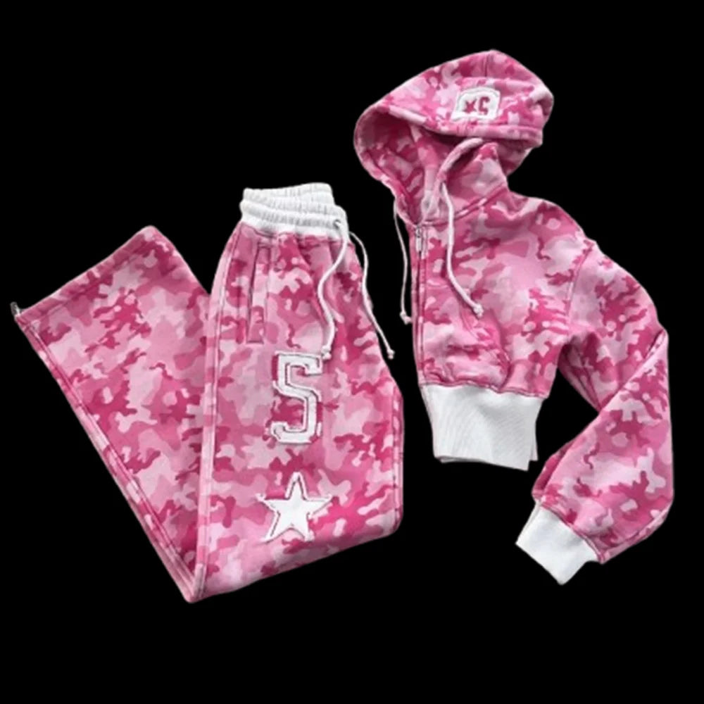 Camouflage Tie Dye Hooded Sweatpants Two Piece Set - Women S