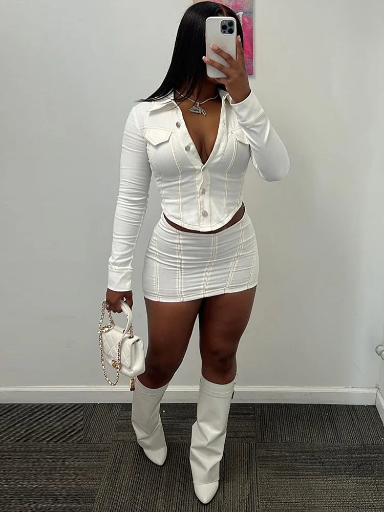 Stripe Button To & Mini Skirt  Set