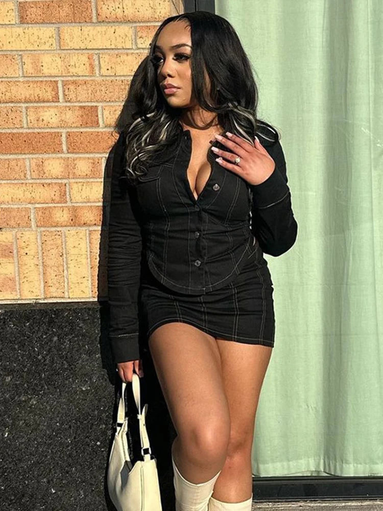 Stripe Button To & Mini Skirt  Set