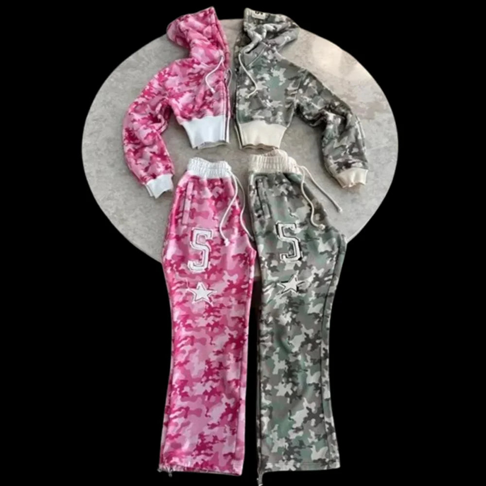 Camouflage Tie Dye Hooded Sweatpants Two Piece Set - Women S