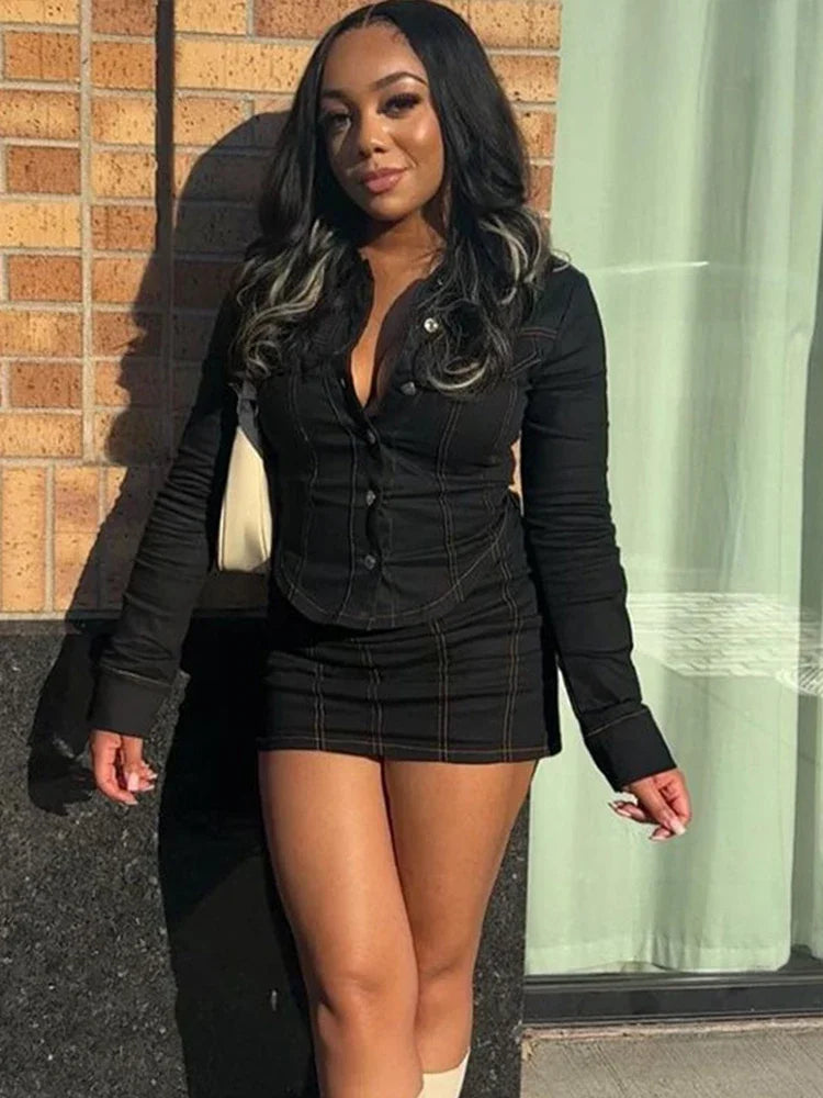 Stripe Button To & Mini Skirt  Set