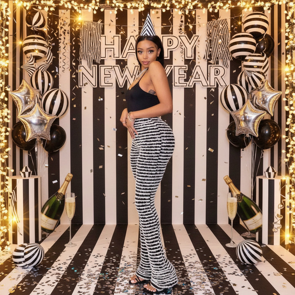 Woman in black top and striped pants standing on a city street at night.