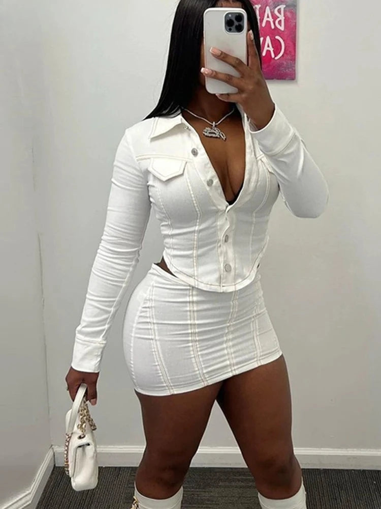 Stripe Button To & Mini Skirt  Set